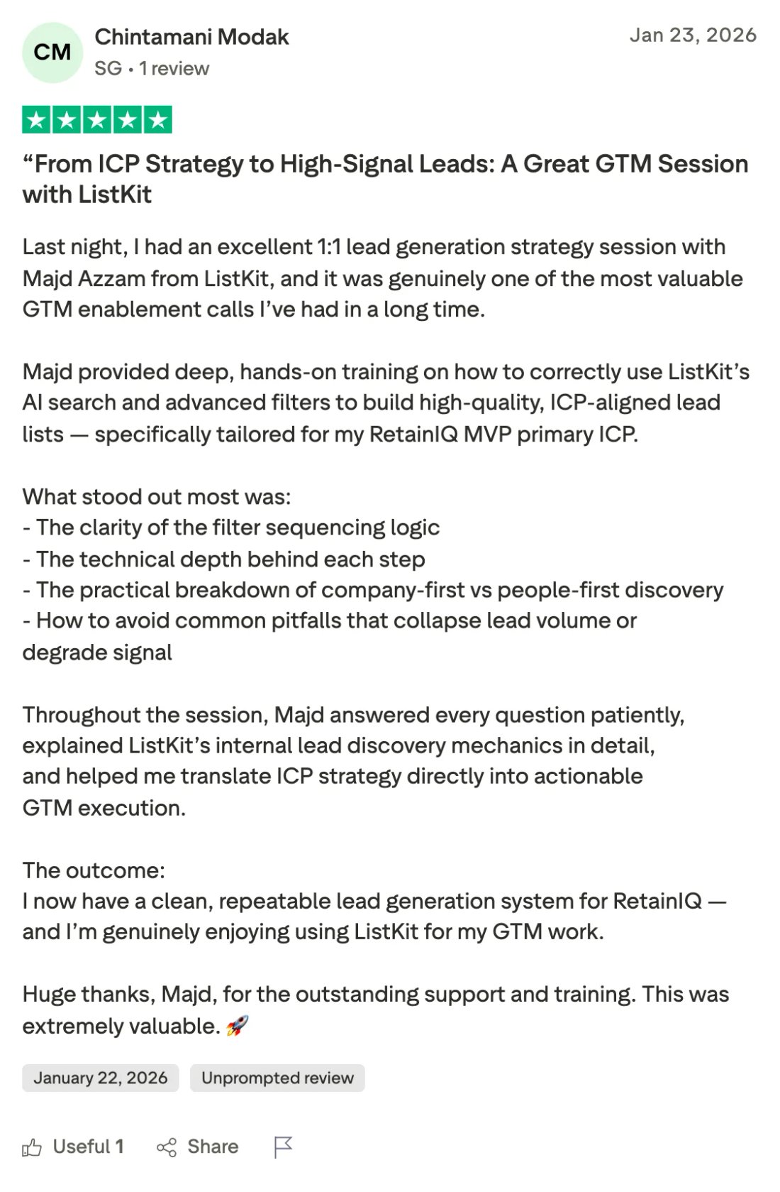 Trustpilot screenshot from Chintamani Modak: “From ICP Strategy to High-Signal Leads: A Great GTM Session with ListKit