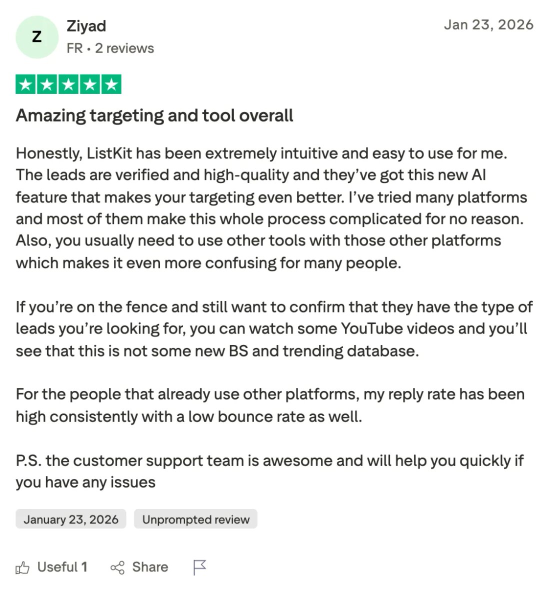 Trustpilot screenshot from Ziyad: Amazing targeting and tool overall