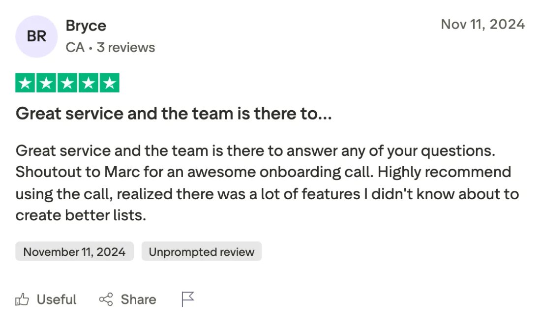 Trustpilot screenshot from Bryce: Great service and the team is there to…