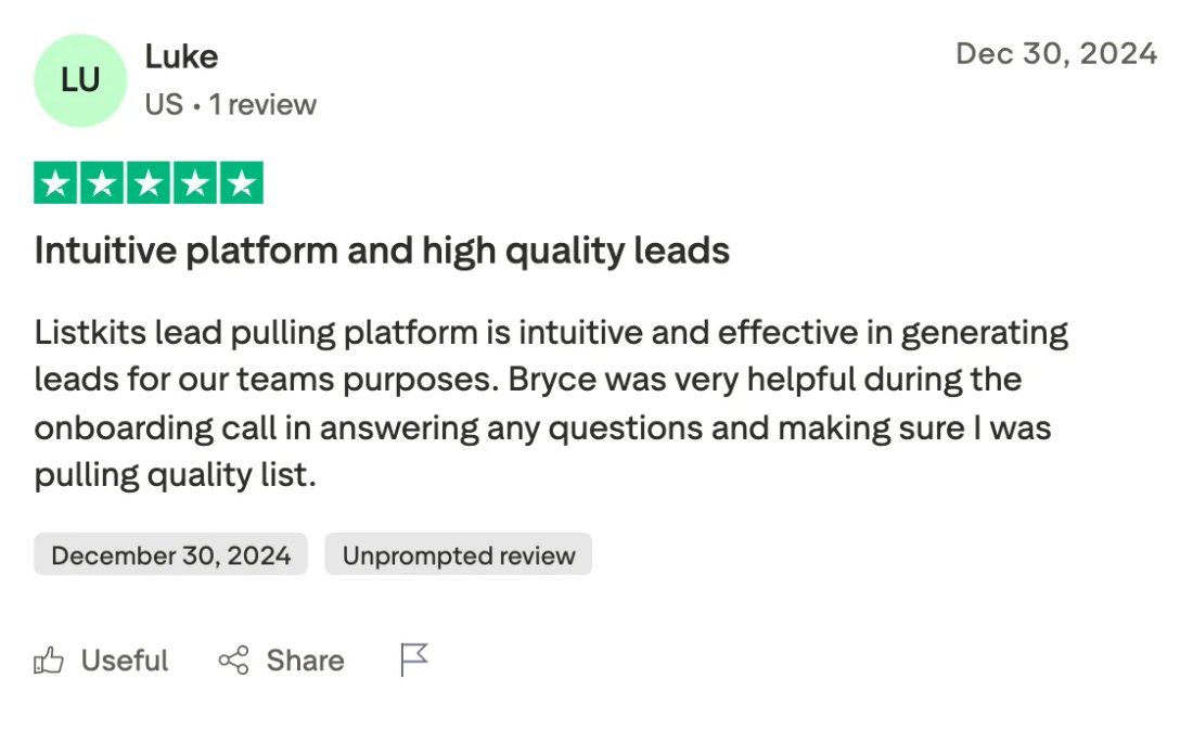Trustpilot screenshot from Luke: Intuitive platform and high quality leads