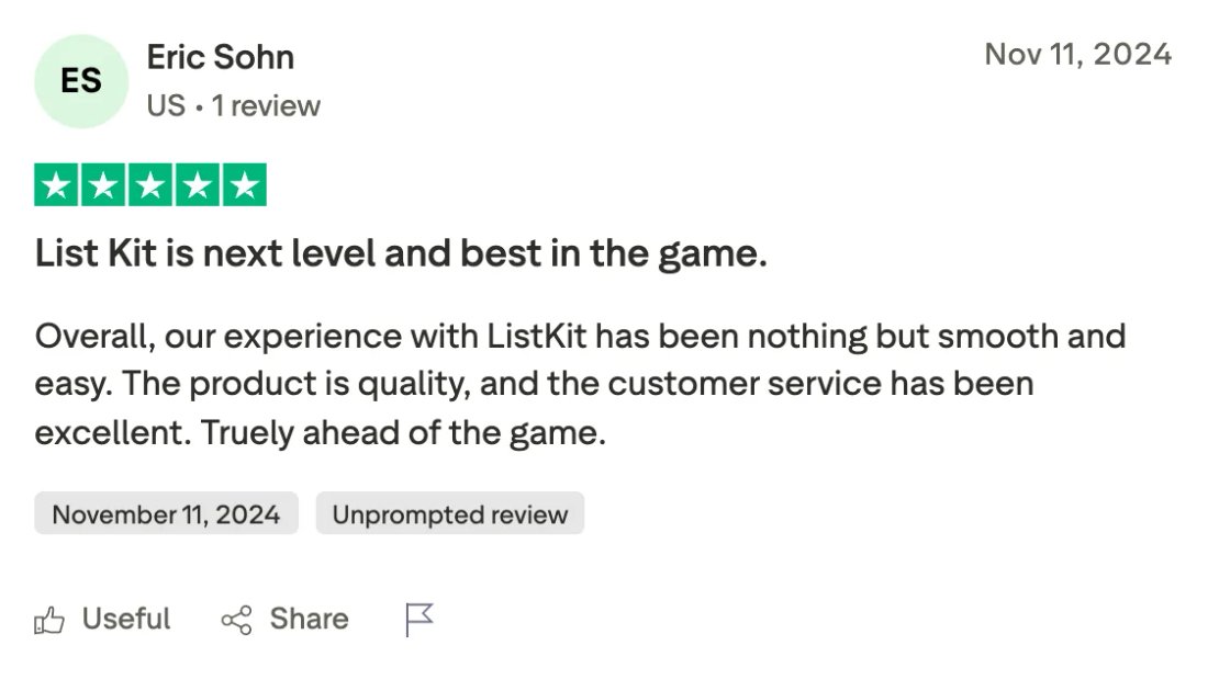 Trustpilot screenshot from Eric Sohn: List Kit is next level and best in the game.
