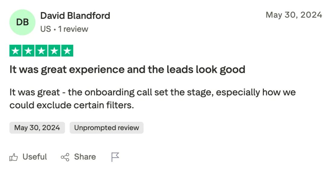 Trustpilot screenshot from David Blandford: It was great experience and the leads look good