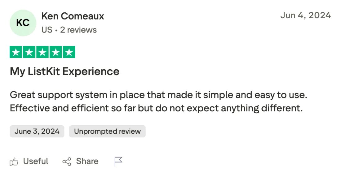 Trustpilot screenshot from Ken Comeaux: My ListKit Experience
