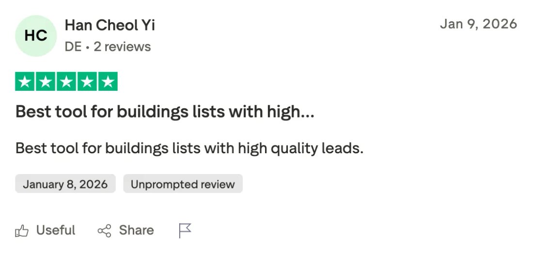 Trustpilot screenshot from Han Cheol Yi: Best tool for buildings lists with high…