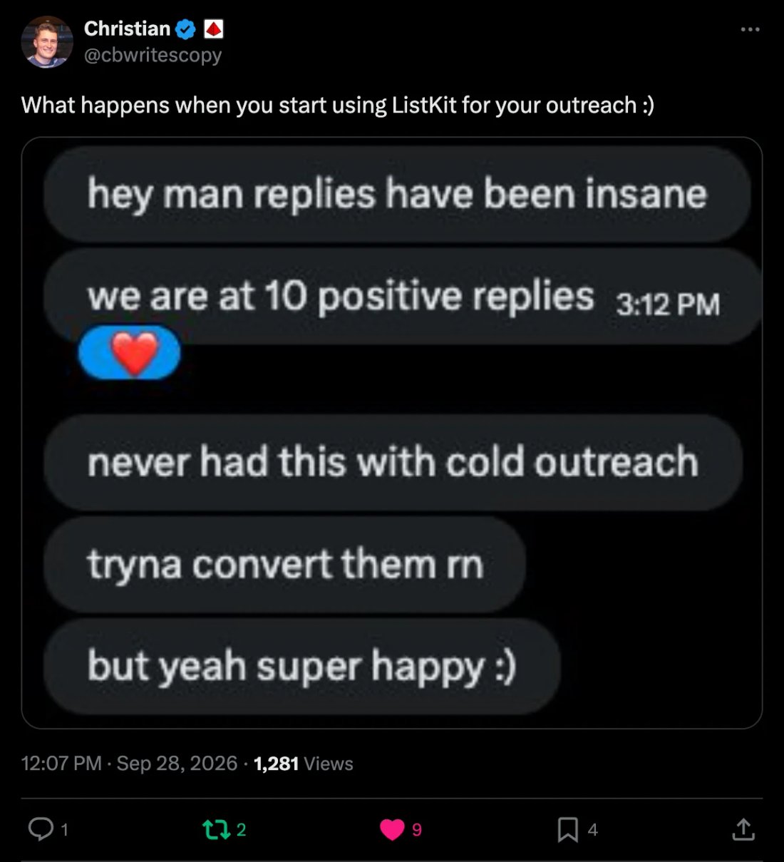 X screenshot from ListKit customer (shared by Christian): 10 positive replies, never had this with cold outreach