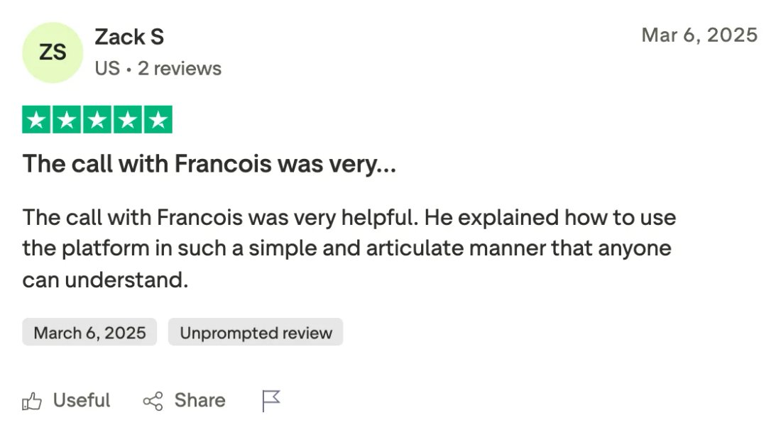 Trustpilot screenshot from Zack S: The call with Francois was very…