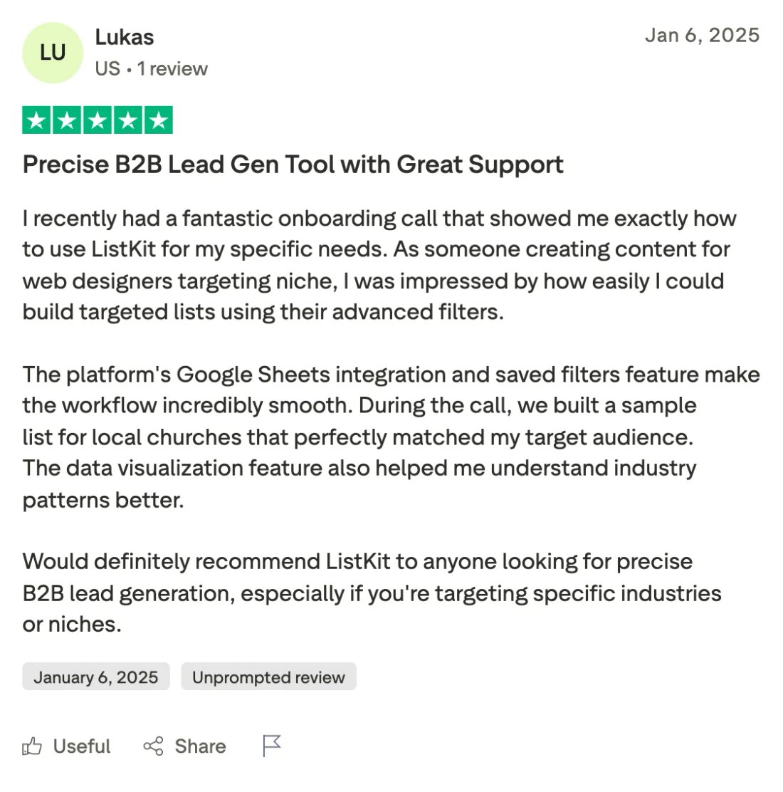 Trustpilot screenshot from Lukas: Precise B2B Lead Gen Tool with Great Support