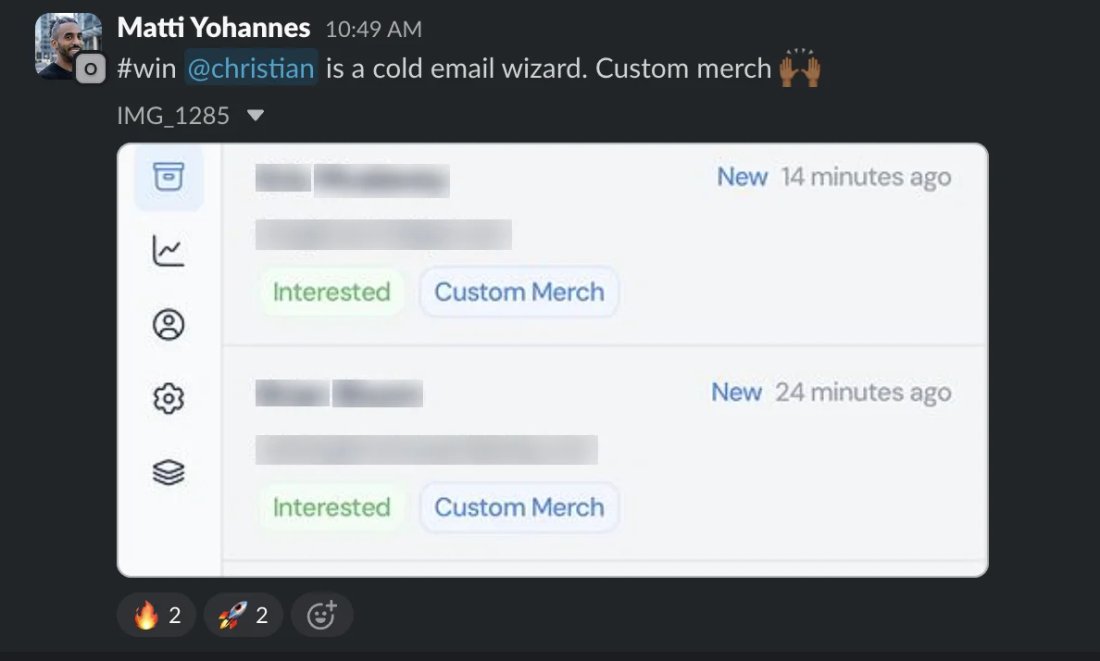 Slack screenshot from Matti Yohannes: 2 interested, custom merch