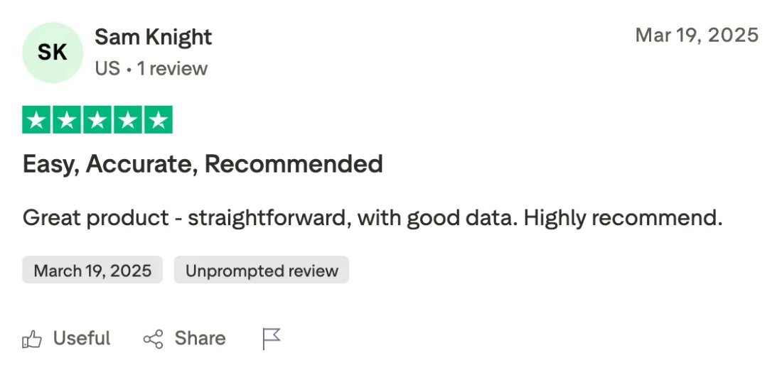 Trustpilot screenshot from Sam Knight: Easy, Accurate, Recommended