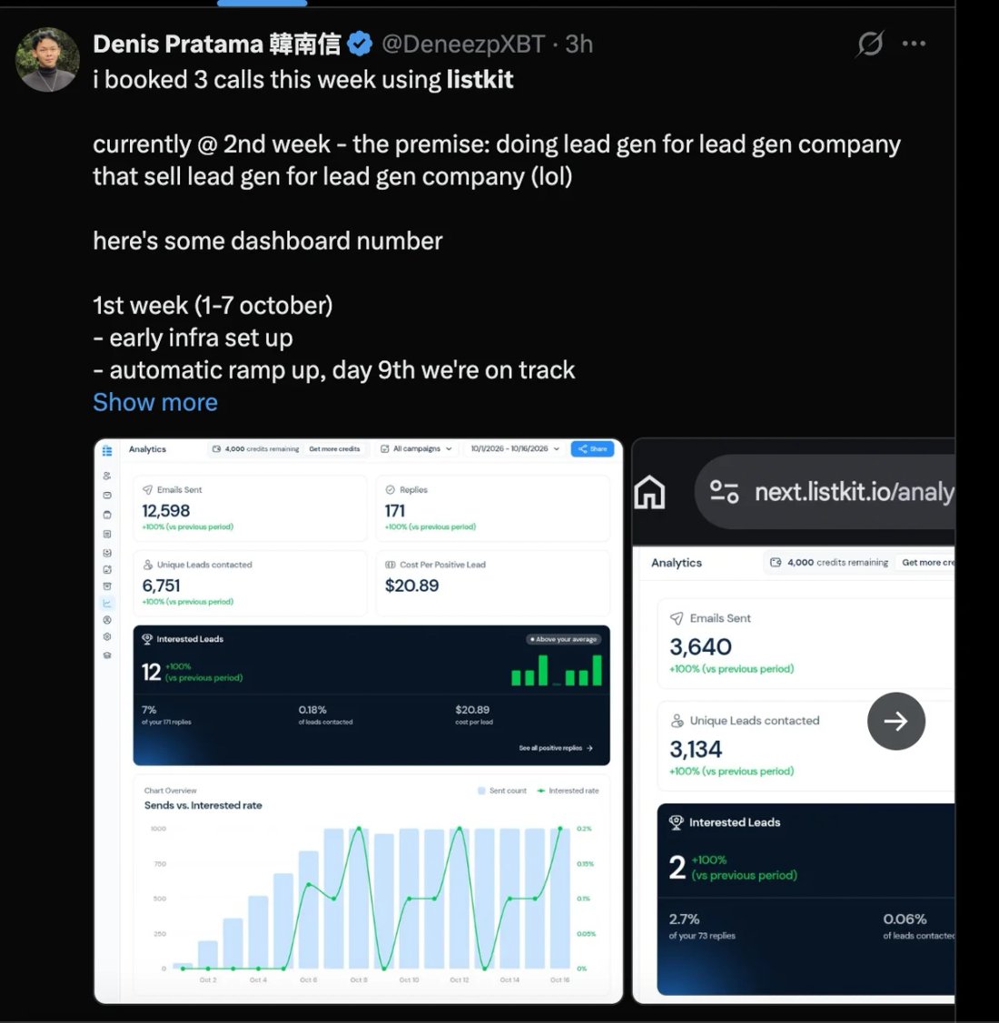 X screenshot from Denis Pratama: 3 calls booked in week 2: 12,598 emails, 171 replies, 12 interested leads at $20.89 per positive lead
