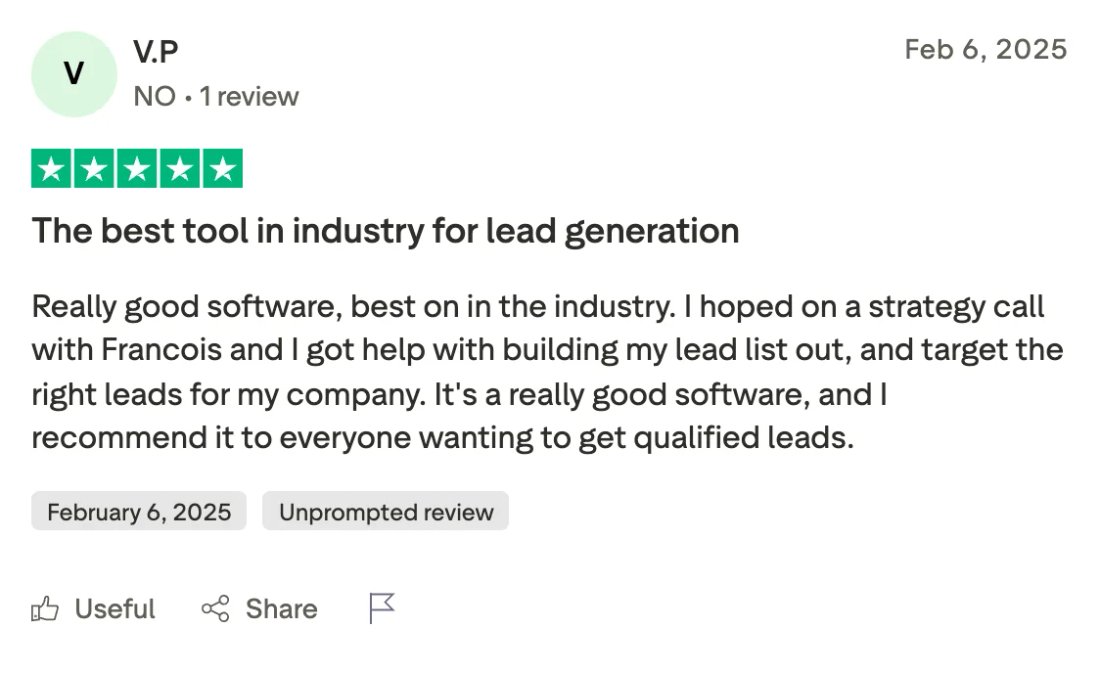 Trustpilot screenshot from V.P: The best tool in industry for lead generation