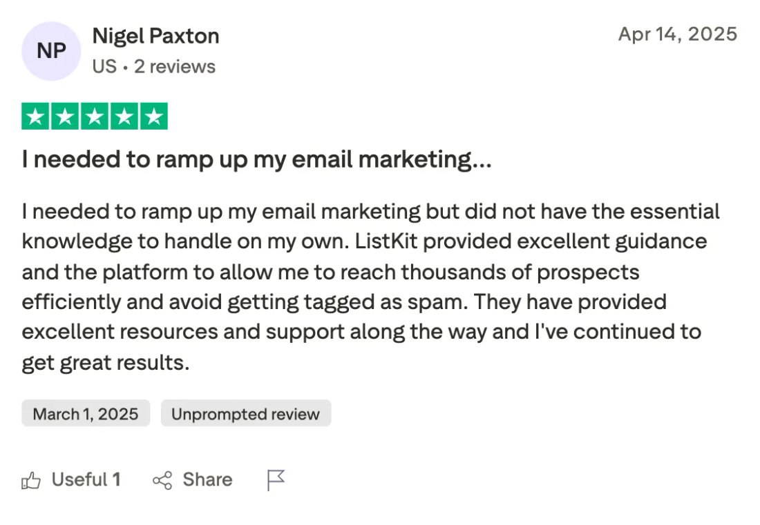 Trustpilot screenshot from Nigel Paxton: I needed to ramp up my email marketing…