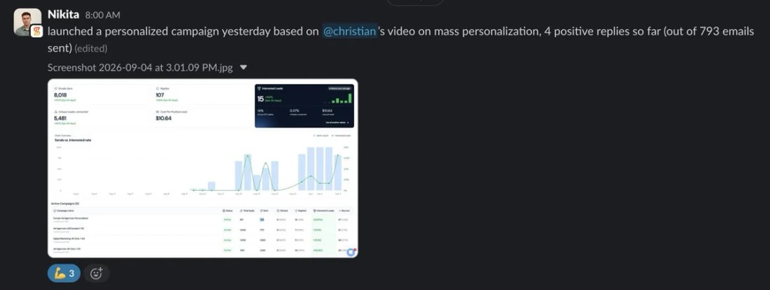 Slack screenshot from Nikita: 4 positive / 793 personalized sends