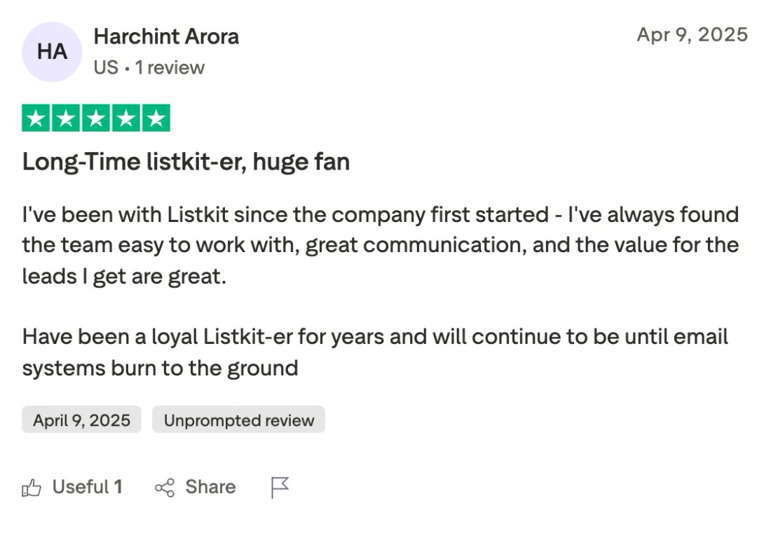 Trustpilot screenshot from Harchint Arora: Long-Time listkit-er, huge fan
