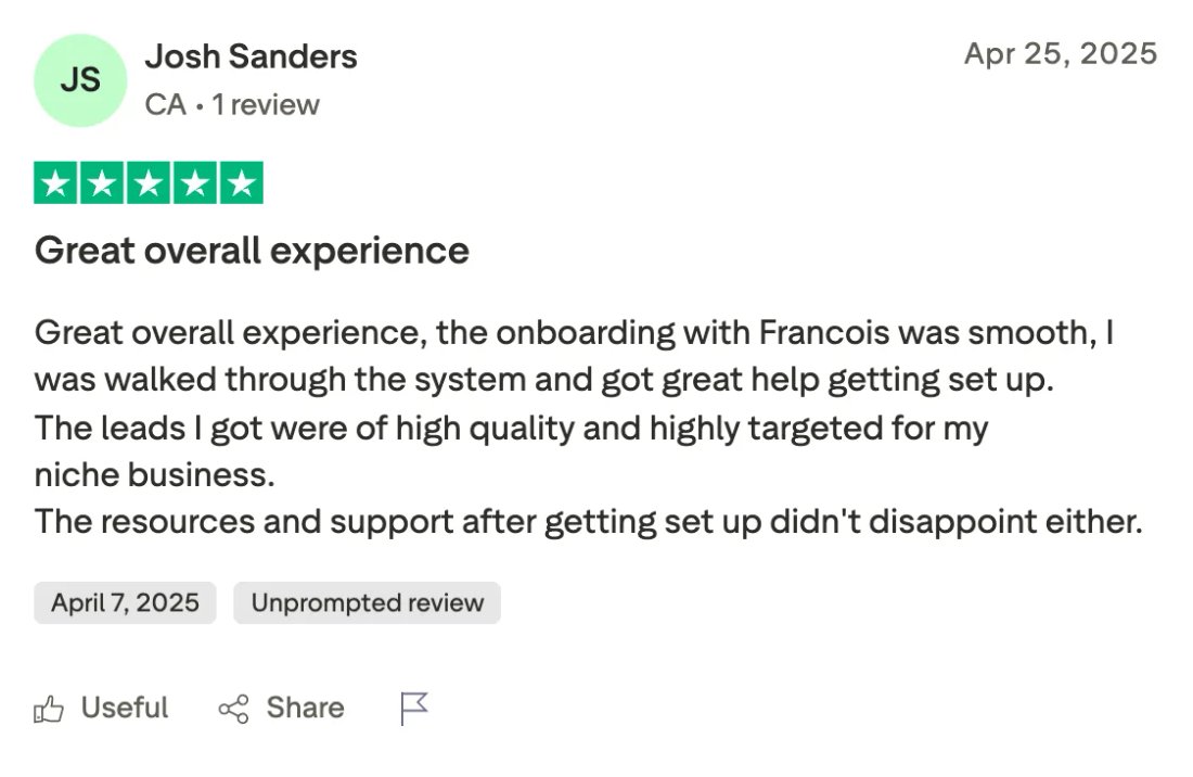 Trustpilot screenshot from Josh Sanders: Great overall experience