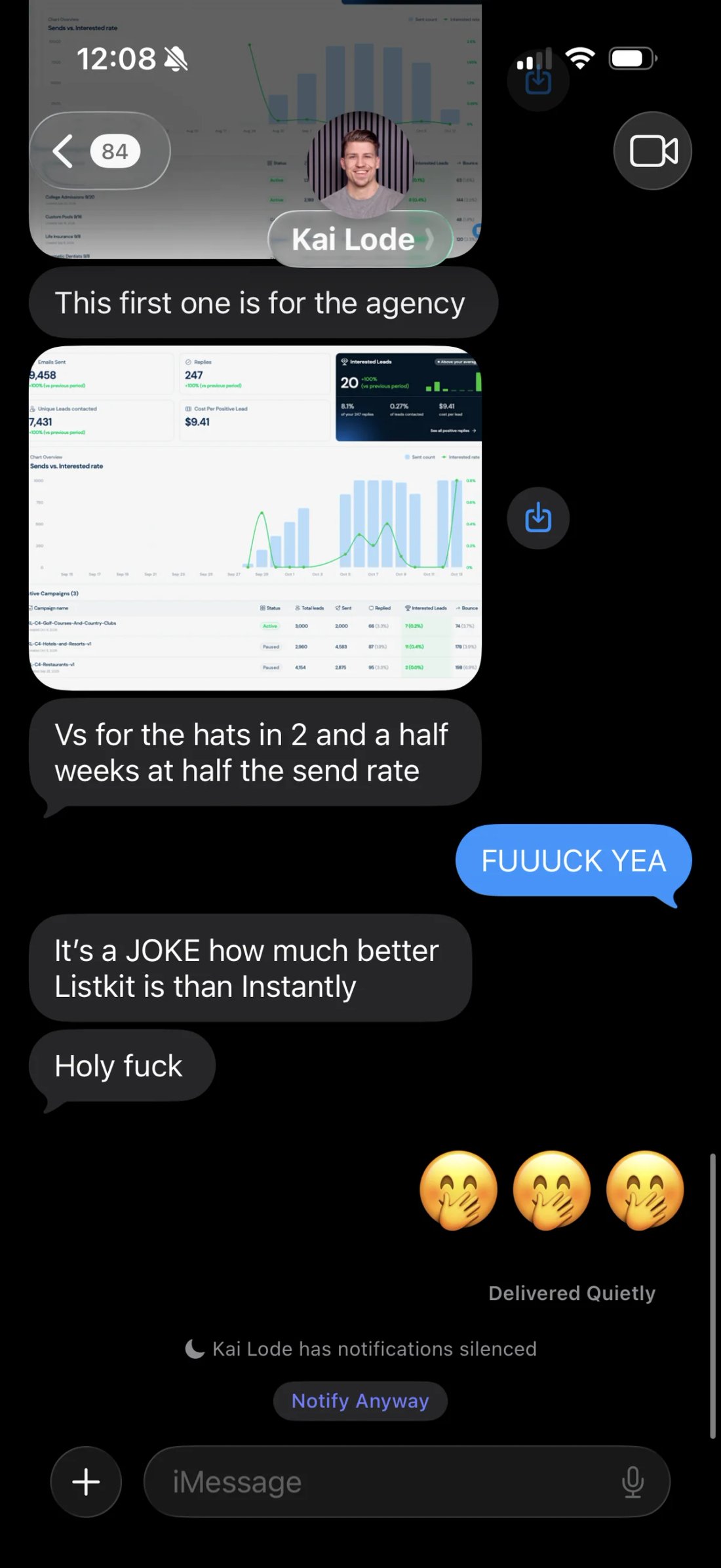 Slack screenshot from Kai Lode: "It's a JOKE how much better Listkit is than Instantly"