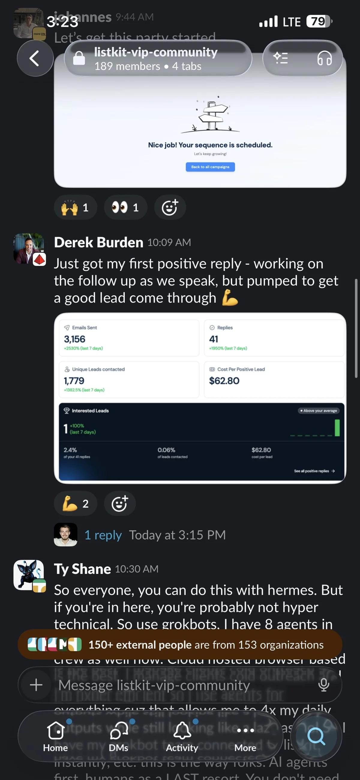 Slack screenshot from Derek Burden; Nikita; PJ; Joseph Mendez: 1st positive replies + 1 call