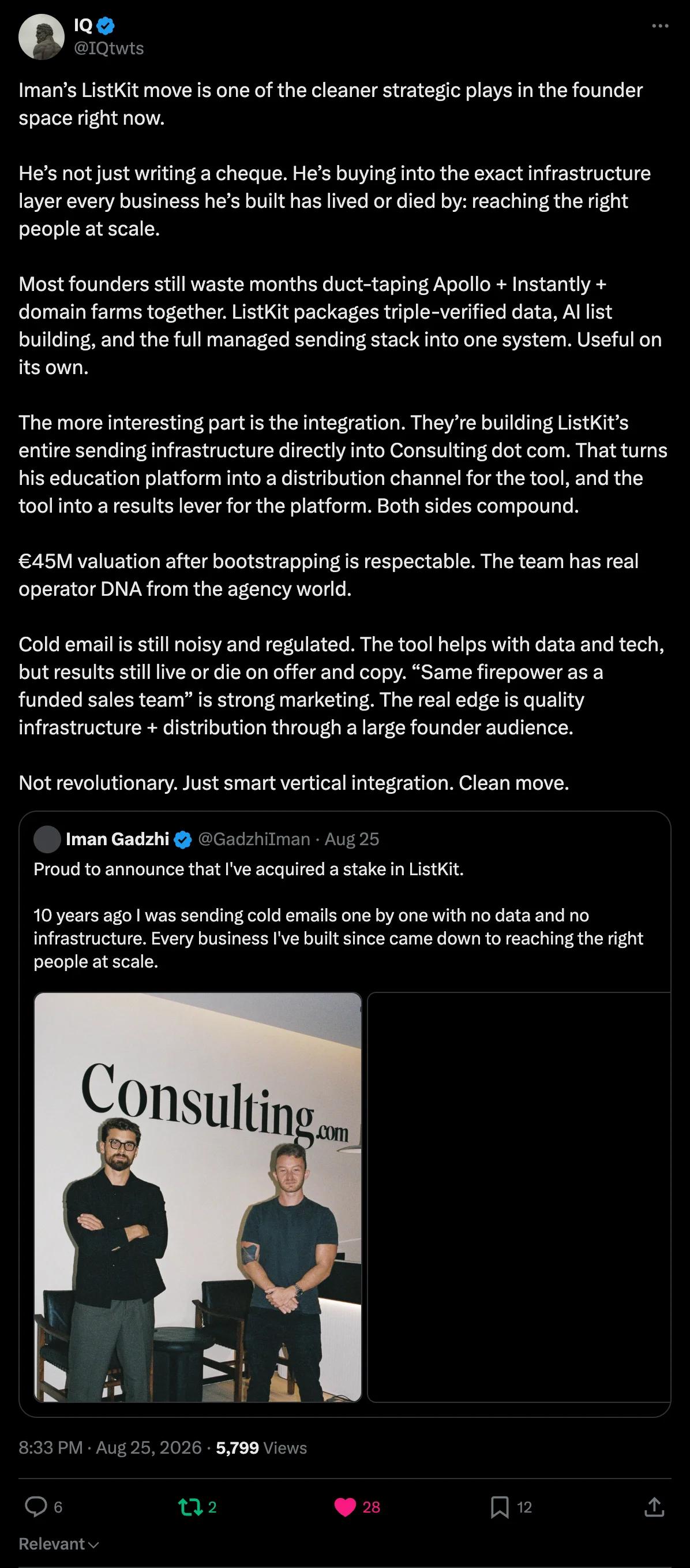 X screenshot from IQtwts: Iman's ListKit move is one of the cleaner strategic plays in the founder space right now.