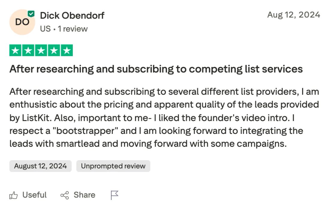 Trustpilot screenshot from Dick Obendorf: After researching and subscribing to competing list services