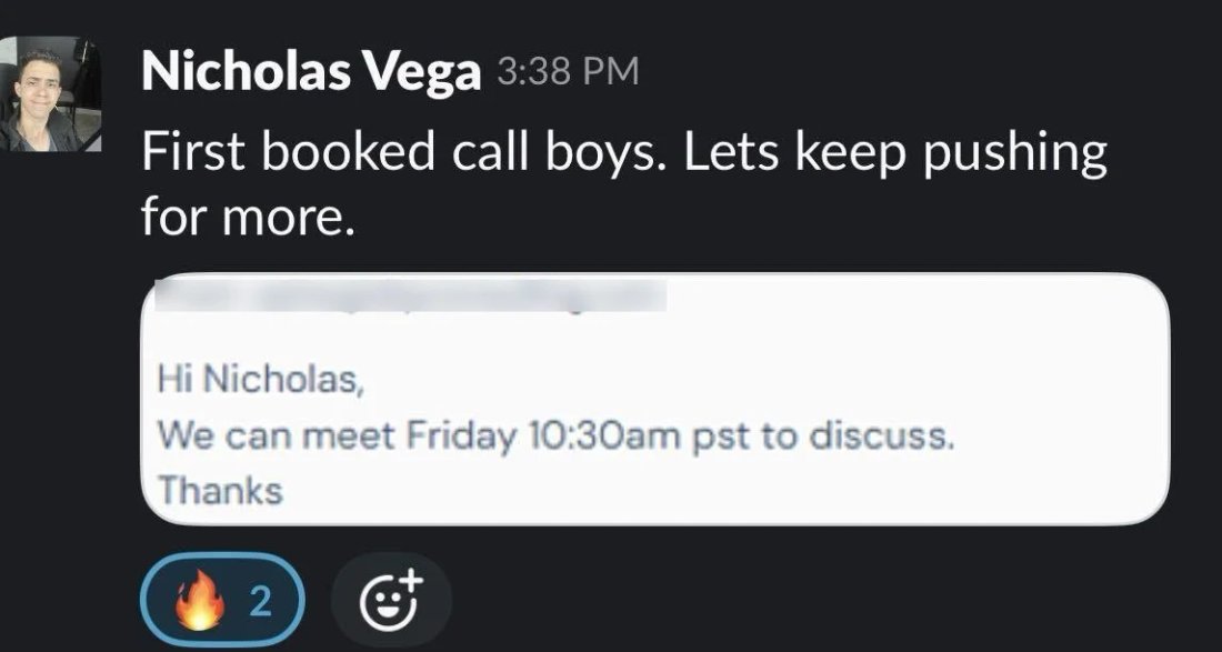 Slack screenshot from Nicholas Vega: 1st booked call