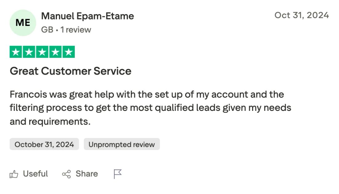 Trustpilot screenshot from Manuel Epam-Etame: Great Customer Service