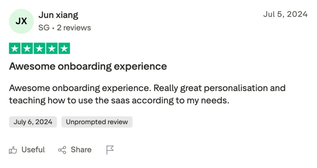 Trustpilot screenshot from Jun xiang: Awesome onboarding experience