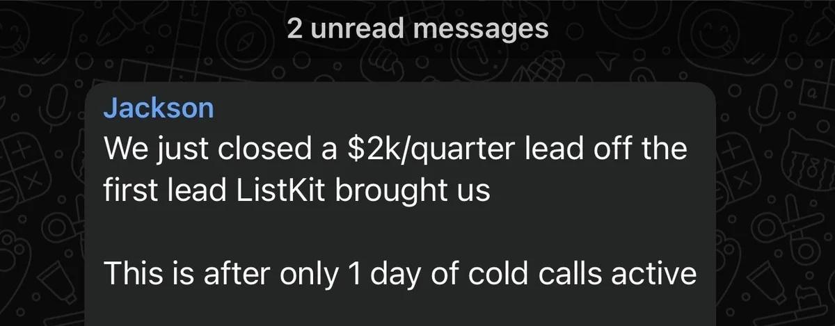 Slack screenshot from Jackson: $2k/quarter closed after 1 day of calls