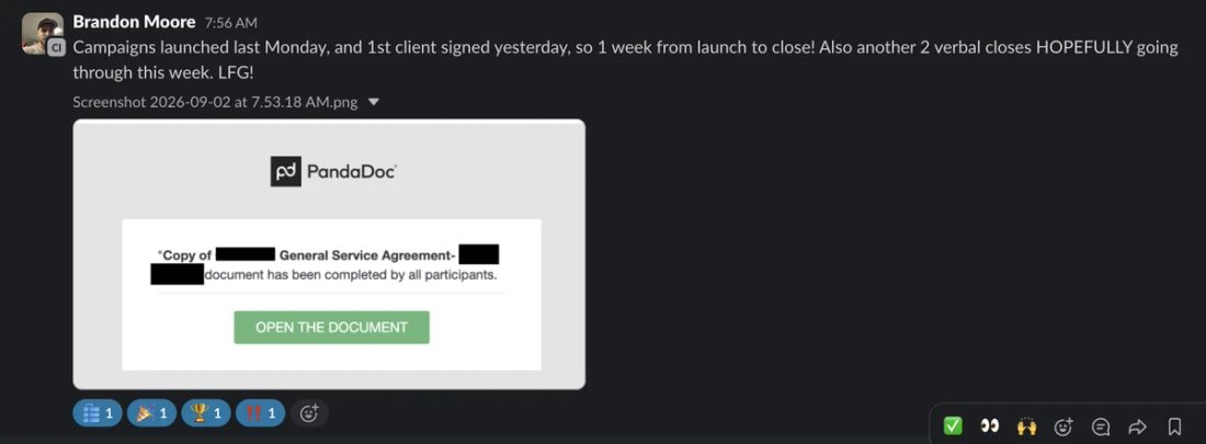 Slack screenshot from Brandon Moore: Launch to signed client in 1 week