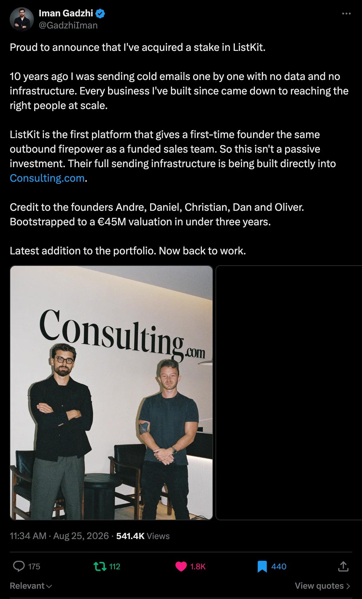 X screenshot from GadzhiIman: Proud to announce that I've acquired a stake in ListKit... ListKit is the first platform t