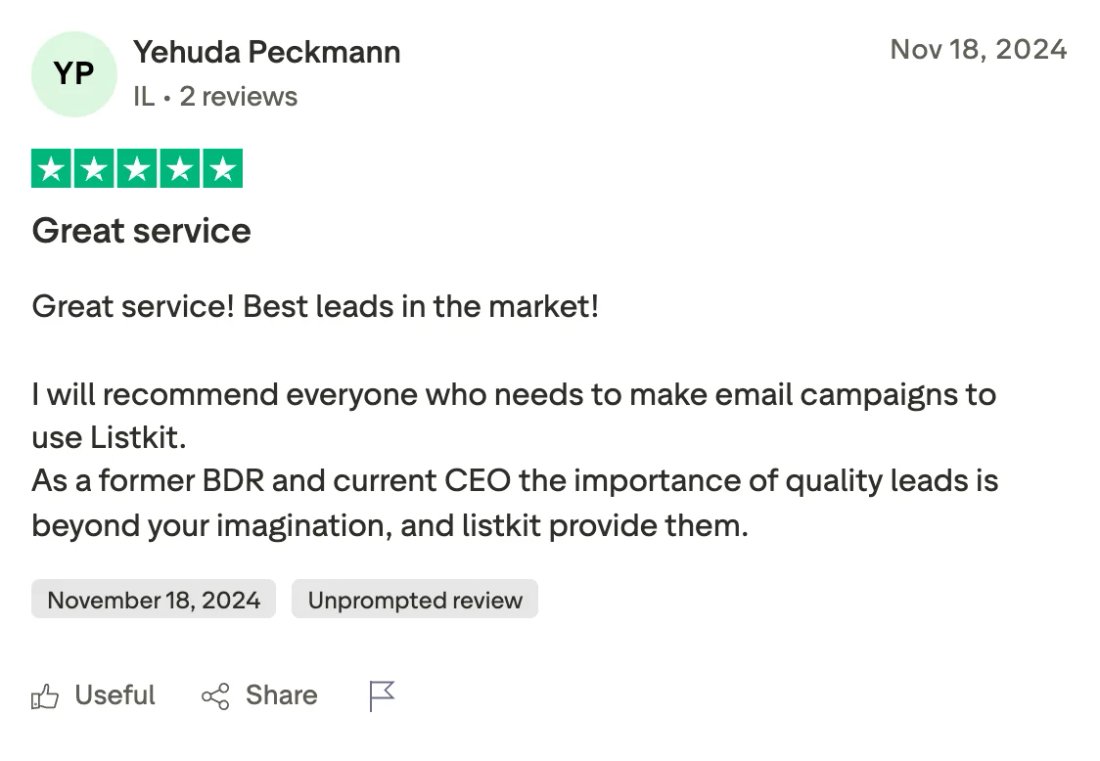 Trustpilot screenshot from Yehuda Peckmann: Great service