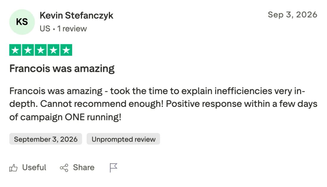 Trustpilot screenshot from Kevin Stefanczyk: Francois was amazing