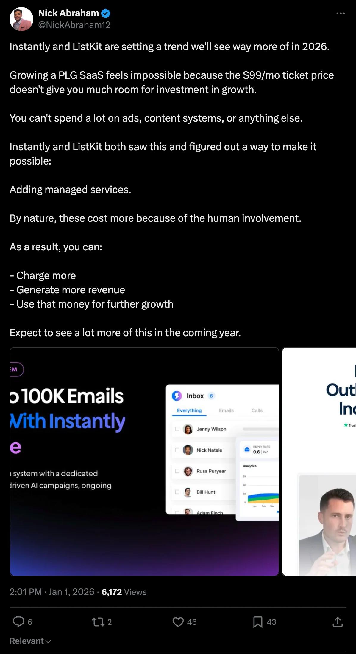 X screenshot from NickAbraham12: Instantly and ListKit are setting a trend we'll see way more of in 2026