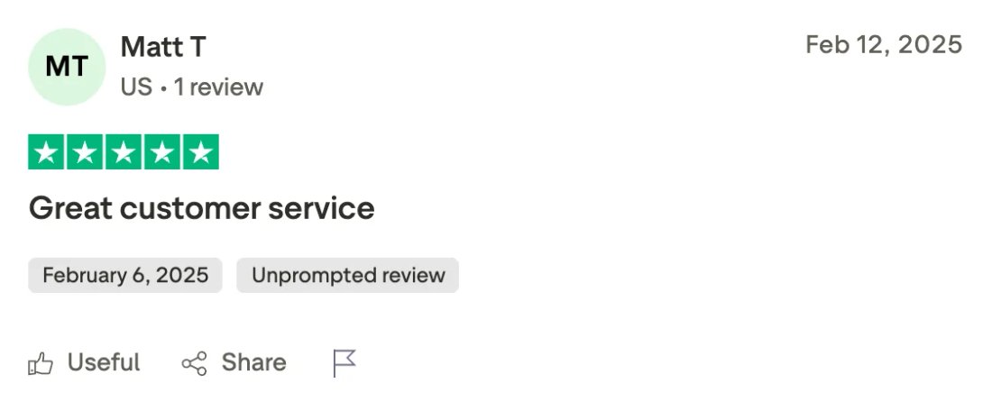 Trustpilot screenshot from Matt T: Great customer service