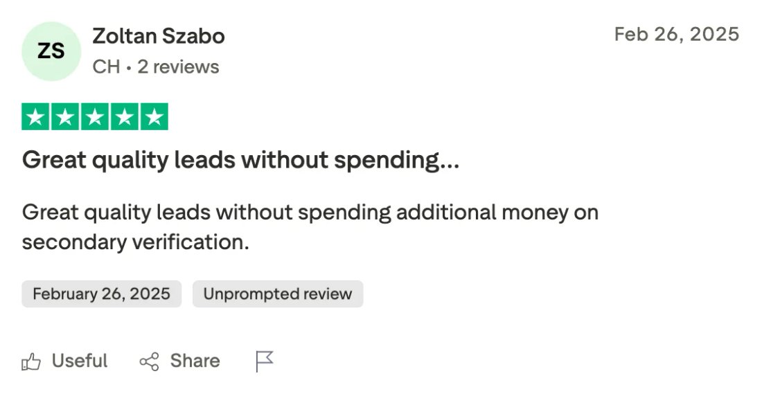Trustpilot screenshot from Zoltan Szabo: Great quality leads without spending…