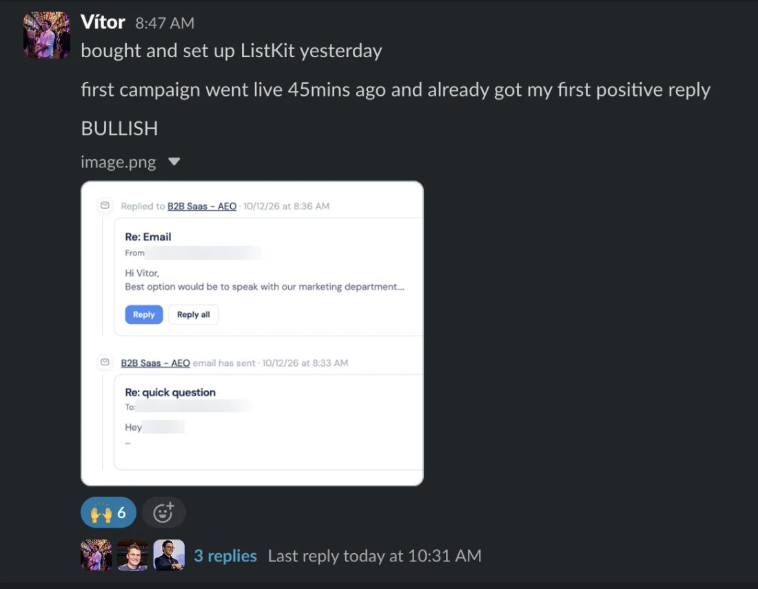 Slack screenshot from Vítor: Bought and set up ListKit, first positive reply 45 minutes after his first campaign went live