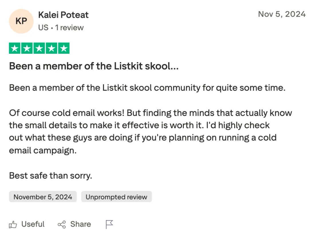 Trustpilot screenshot from Kalei Poteat: Been a member of the Listkit skool…