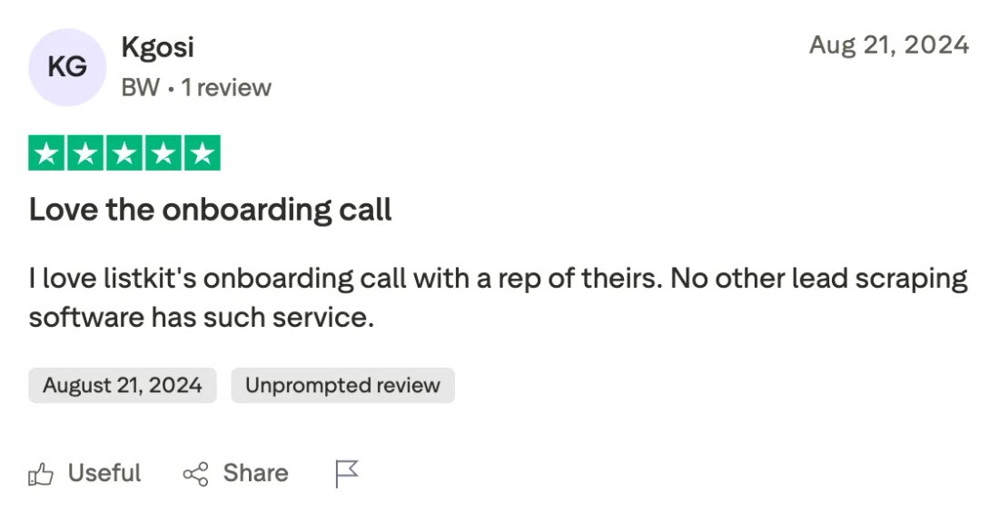 Trustpilot screenshot from Kgosi: Love the onboarding call
