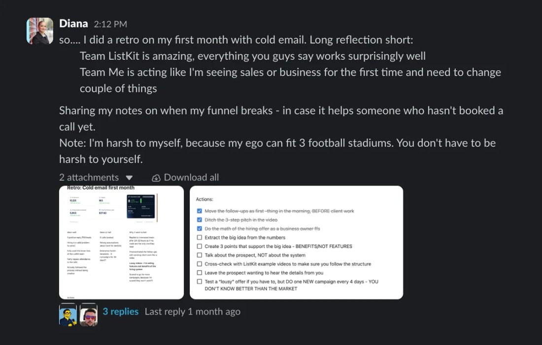 Slack screenshot from Diana: month-1 retrospective