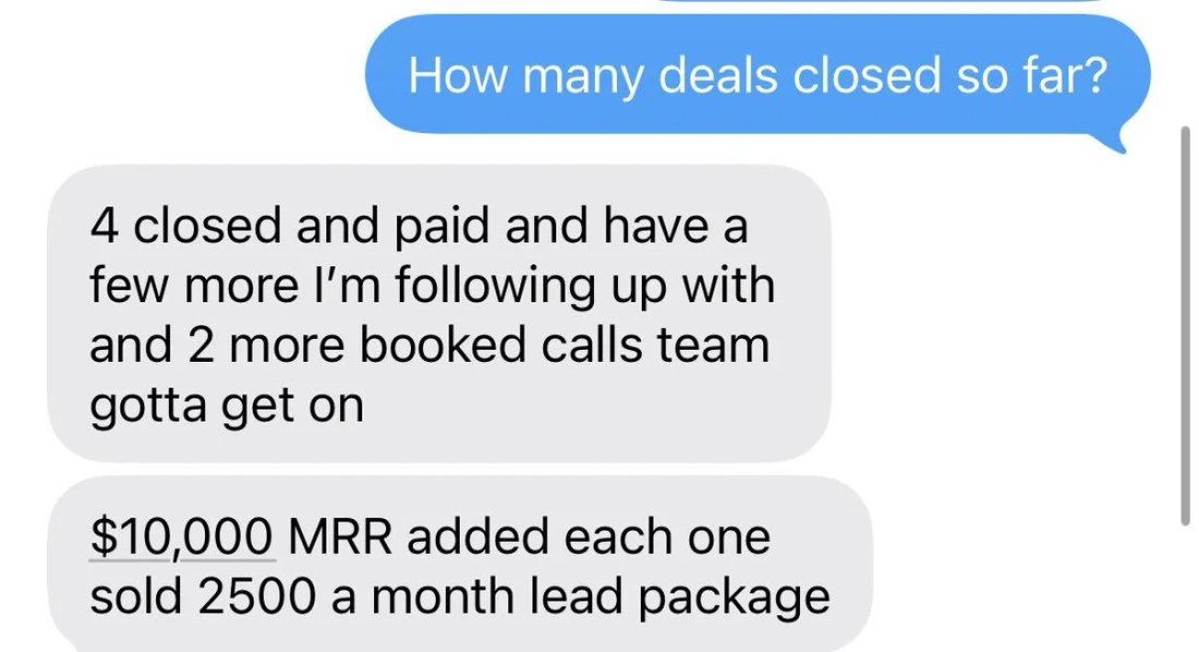 Slack screenshot from Gabe Kozel: 4 clients closed and paid, $10,000 MRR added selling a $2,500/month lead package