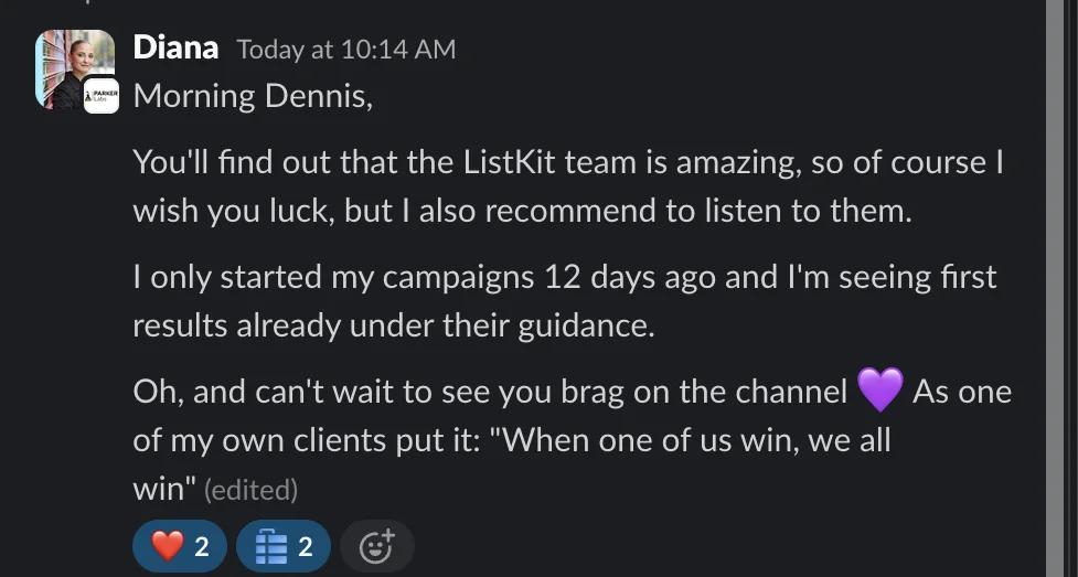 Slack screenshot from Diana: results 12 days in