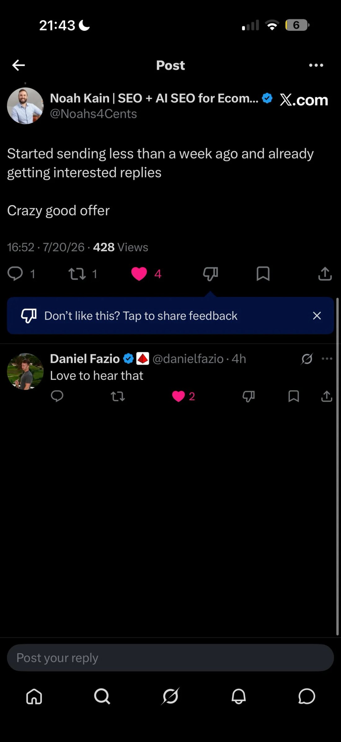 Slack screenshot from Noah Kain: interested replies in <1 week