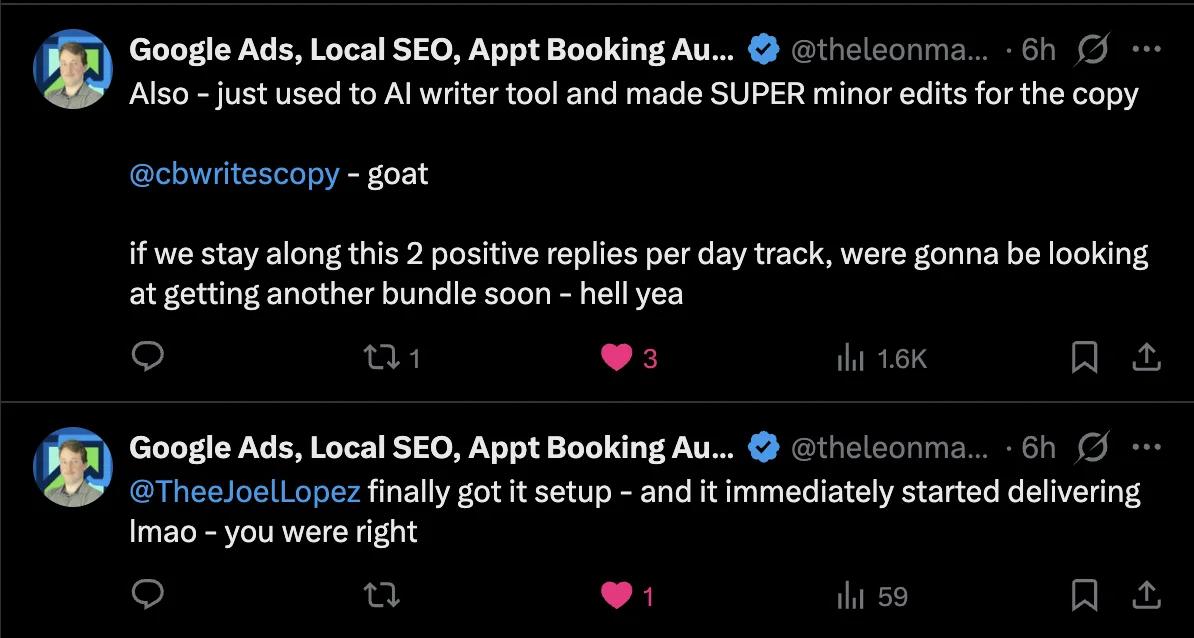Slack screenshot from Leon Manthey: 2 positive replies on day 1