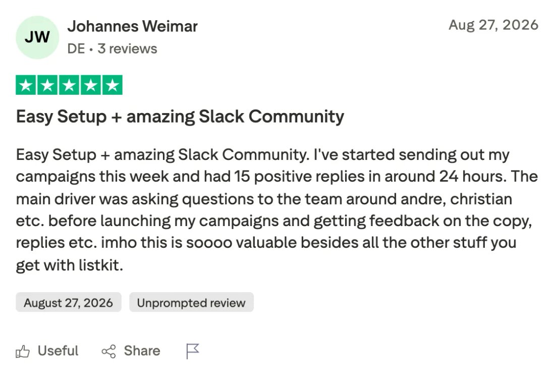 Trustpilot screenshot from Johannes Weimar: Easy Setup + amazing Slack Community