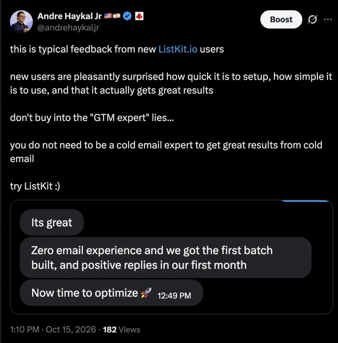 X screenshot from ListKit customer (shared by Andre): Zero email experience, first batch built and positive replies in the first month