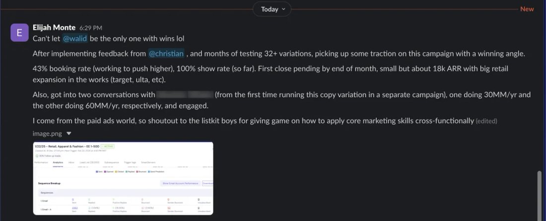 Slack screenshot from Elijah Monte: 43% booking rate, 100% show rate, ~$18k ARR pending
