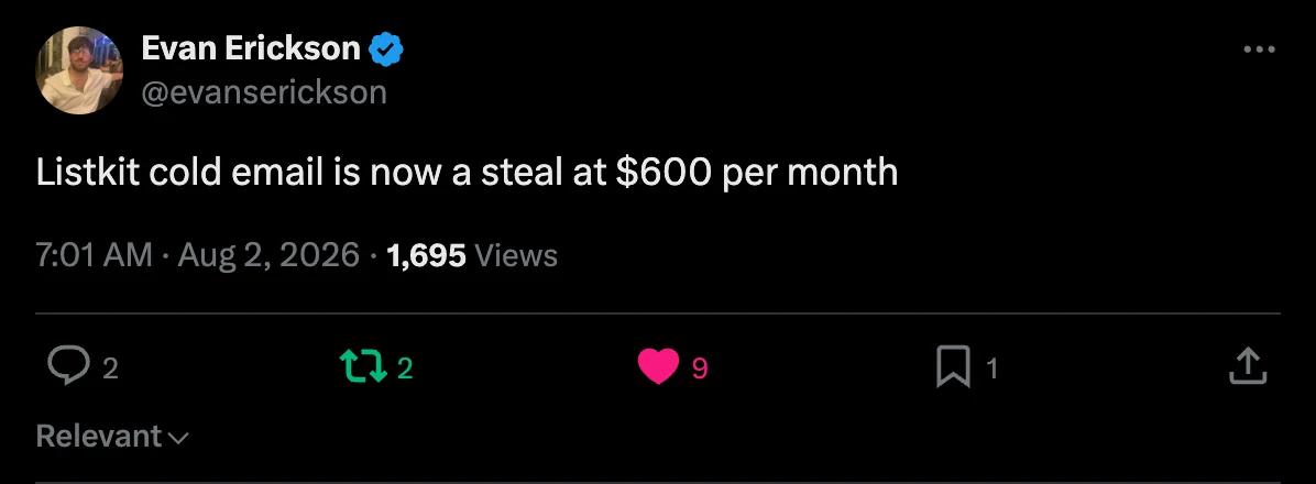 X screenshot from evanserickson: "A steal at $600 per month"