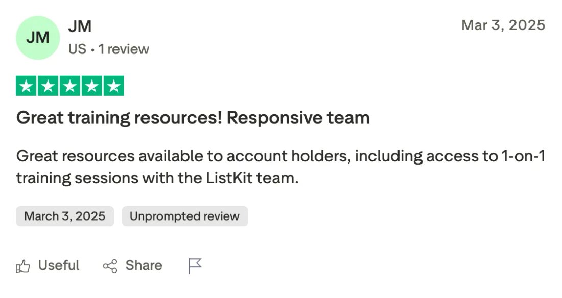 Trustpilot screenshot from JM: Great training resources! Responsive team