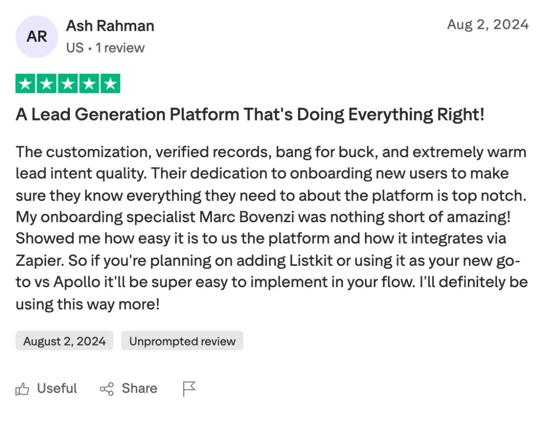 Trustpilot screenshot from Ash Rahman: A Lead Generation Platform That's Doing Everything Right!