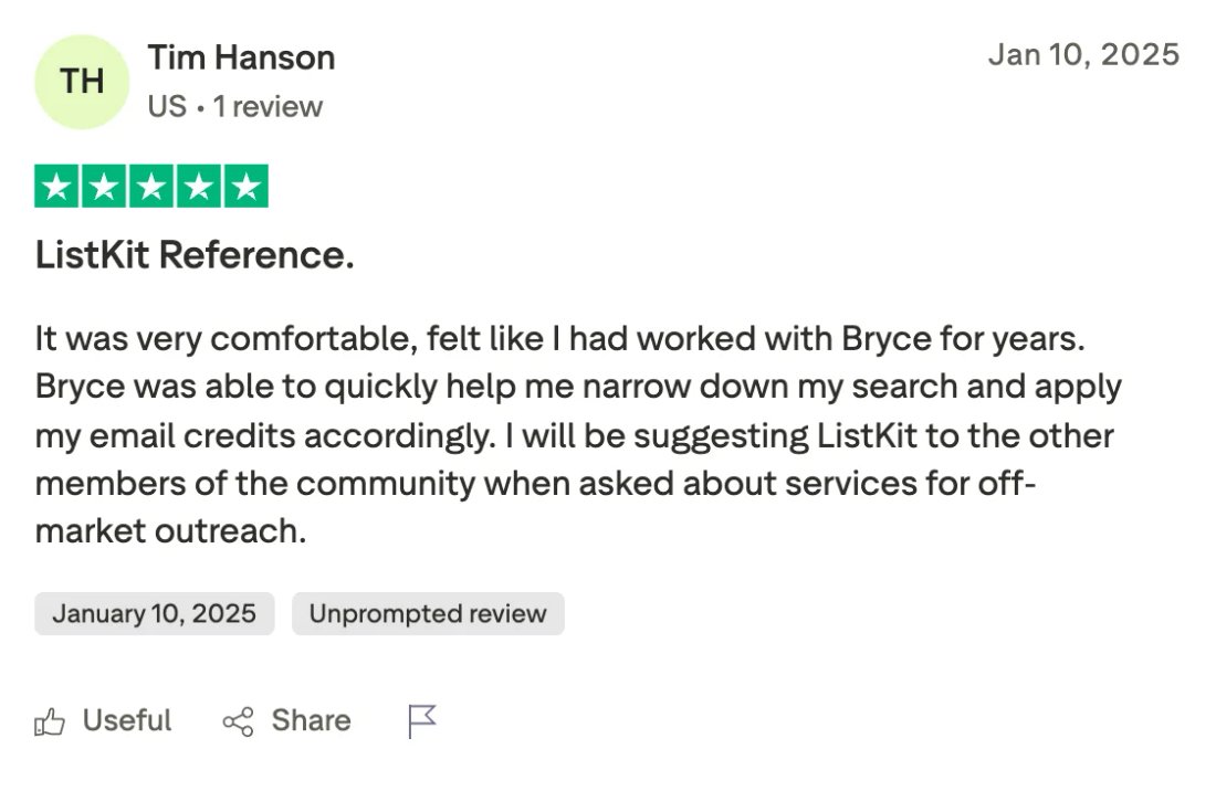 Trustpilot screenshot from Tim Hanson: ListKit Reference.