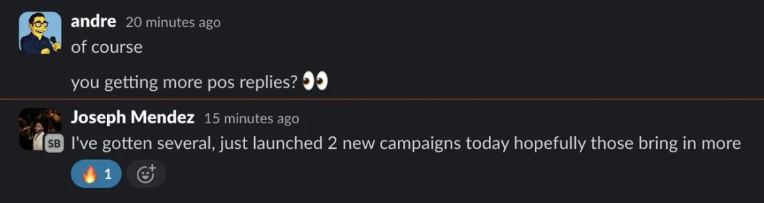 Slack screenshot from Joseph Mendez: several positive replies